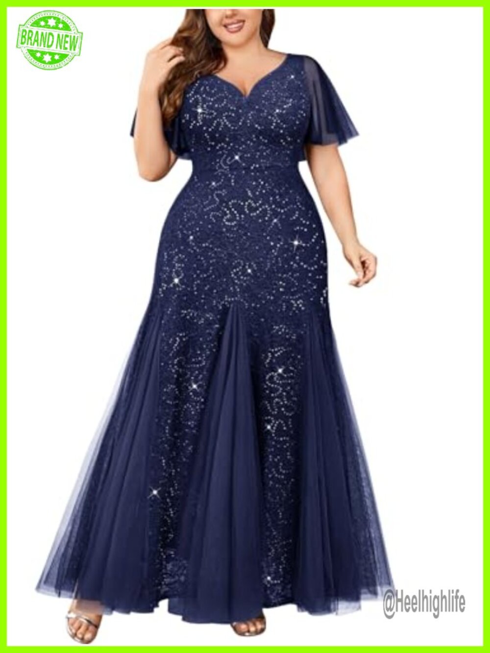 Plus Size Mermaid Tulle Sequin Formal Evening Gown Maxi Dress